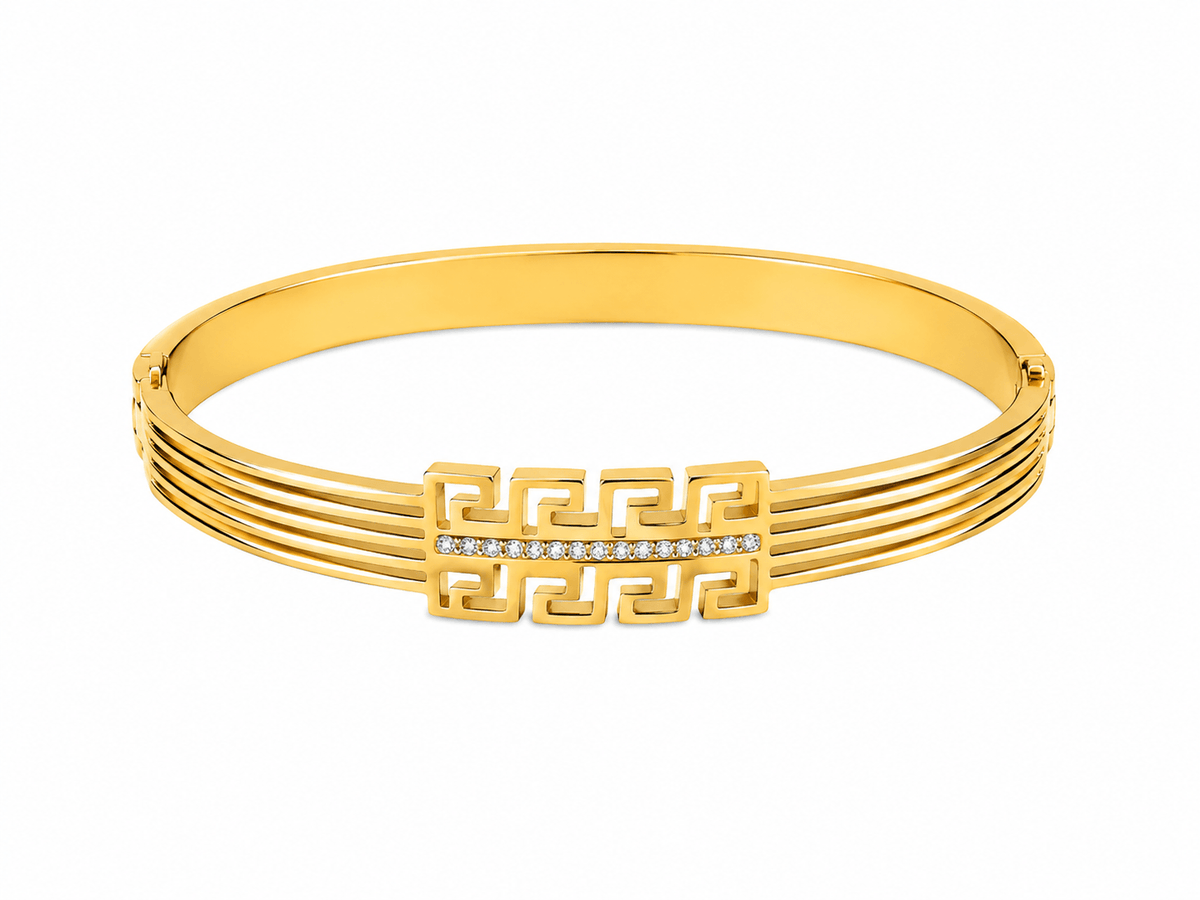 Stainless Steel Bracelet – Elegant Open Bangle 6cm with gold design and sparkling embellishments