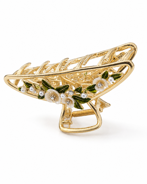 Blumen Haarspange Gold 9,5 cm – Elegante Metall Haarklammer mit Perlen