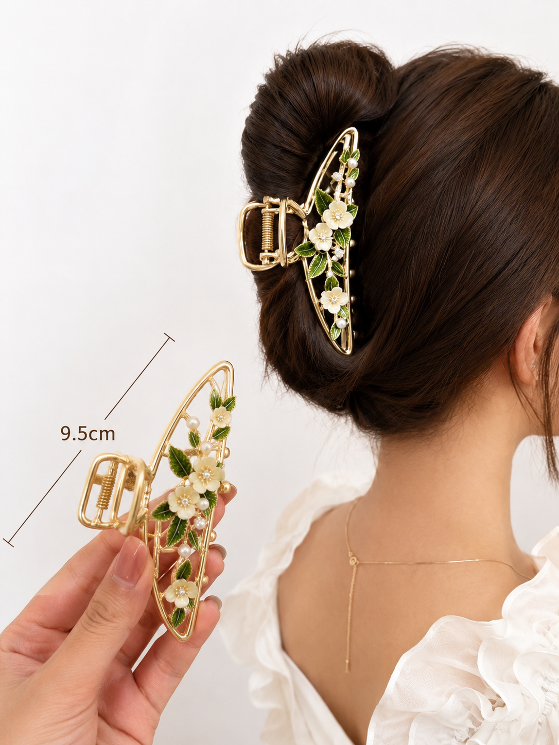 Blumen Haarspange Gold 9,5 cm – Elegante Metall Haarklammer mit Perlen
