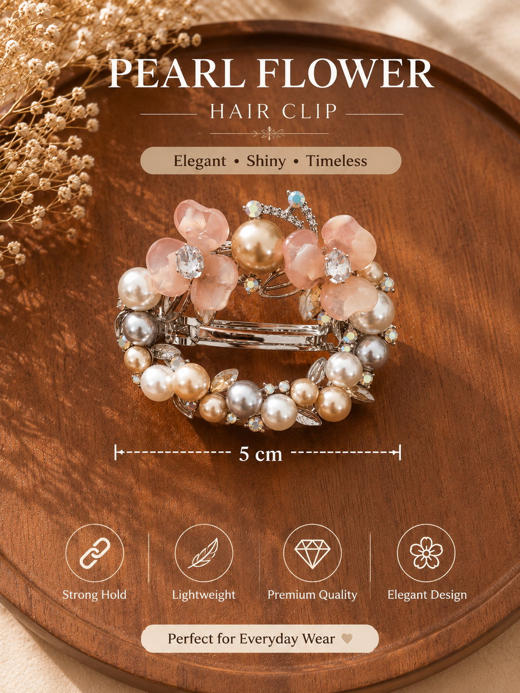 Perlen-Blumen Haarspange – Elegante Haarspange mit Kristallen (5 cm)