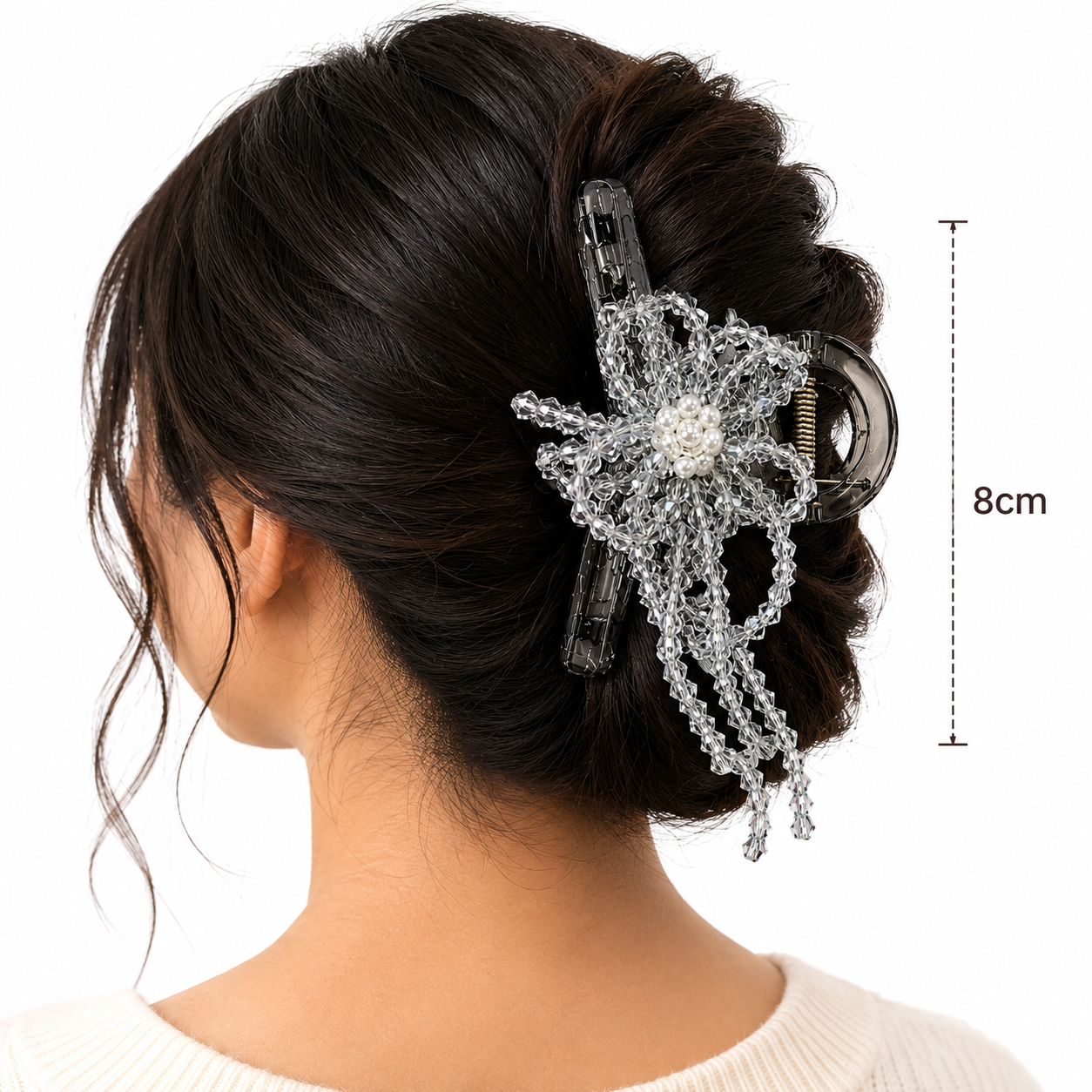 Elegante Blumen-Haarklammer mit Kristallperlen – 8 cm
