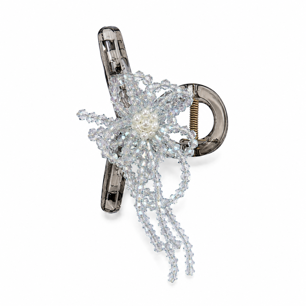A silver-toned hair claw clip embellished with a sparkling clear crystal starburst, a central faux pearl, and cascading crystal strands, shown on a plain white background.