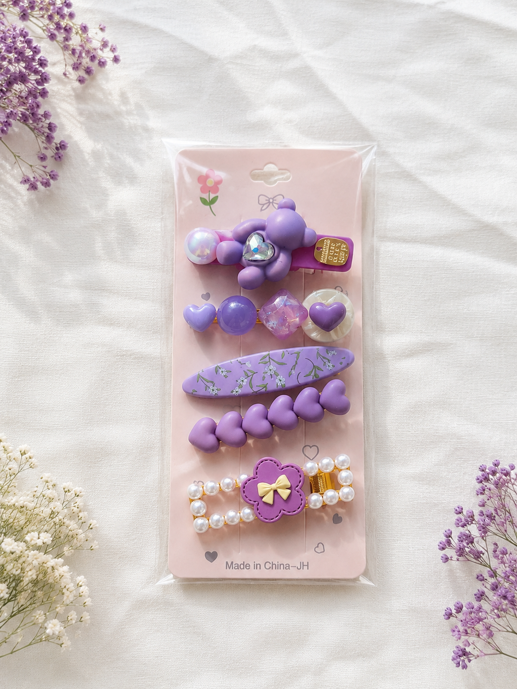 5-teiliges Haarspangen-Set für Mädchen – Süßes Herz & Bär Design