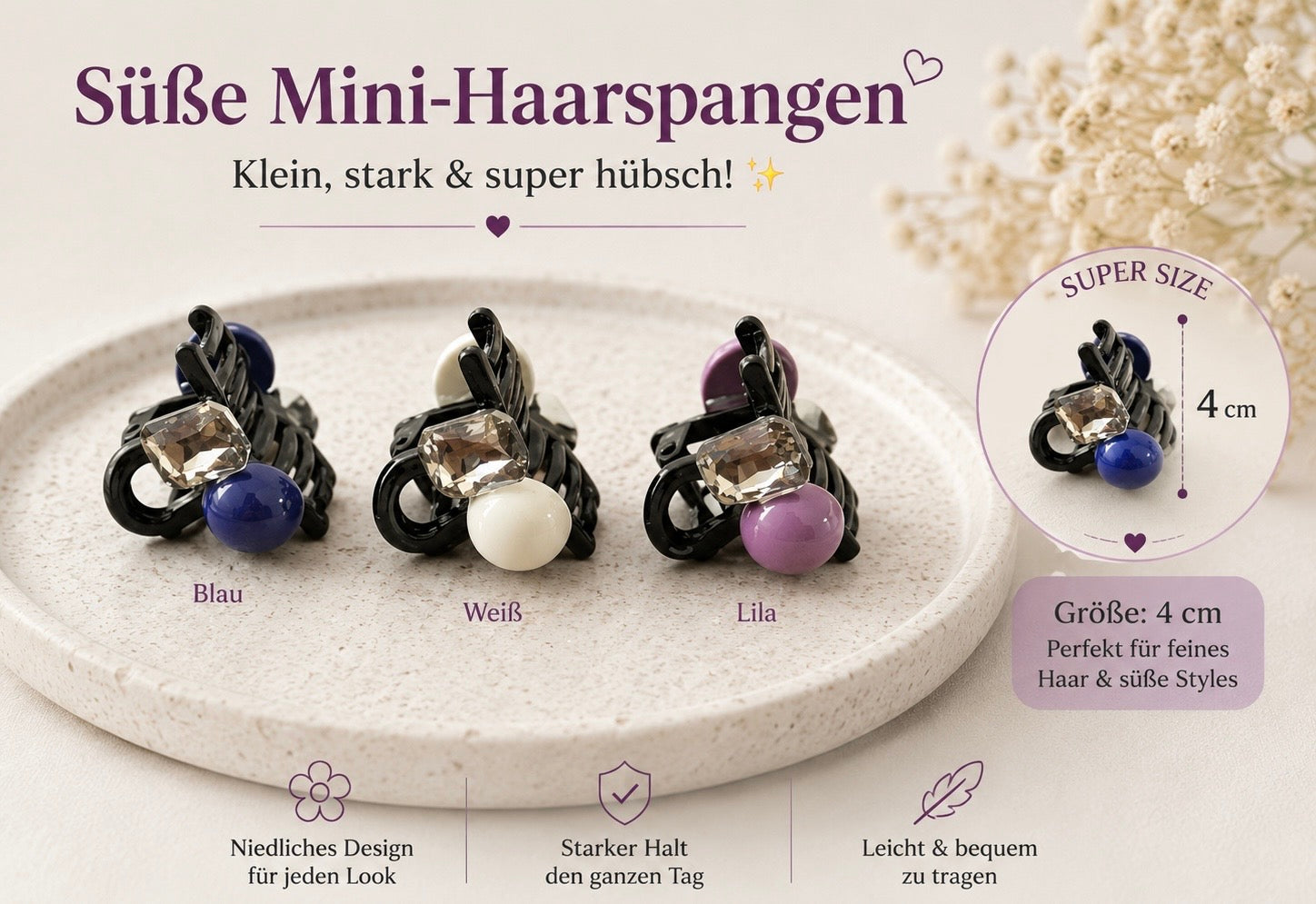 Mini-Haarspange mit Strass & Perle – 4 cm