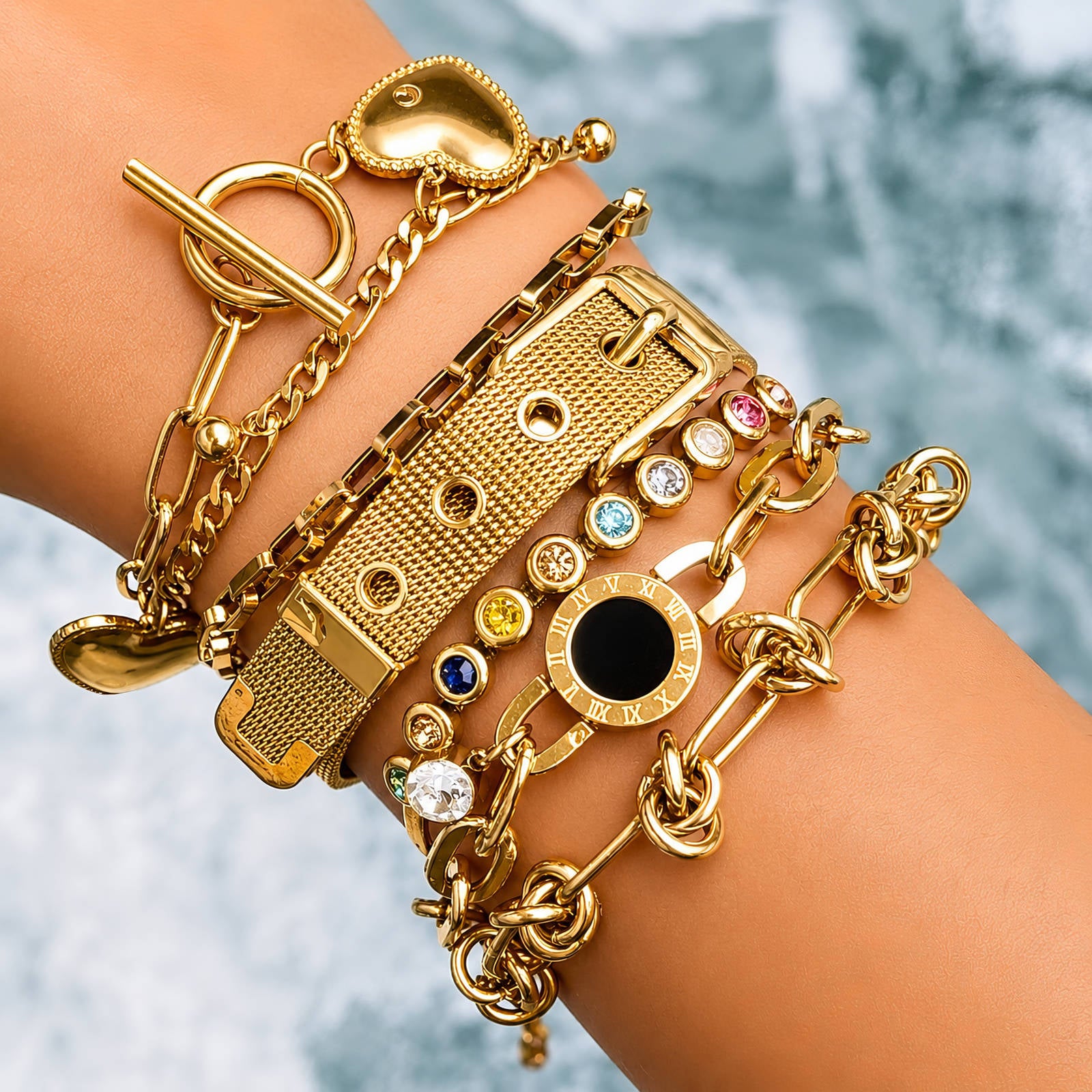 Schlangenarmband mit bunten Zirkonia-Steinen – 18K vergoldeter Edelstahl, wasserfest