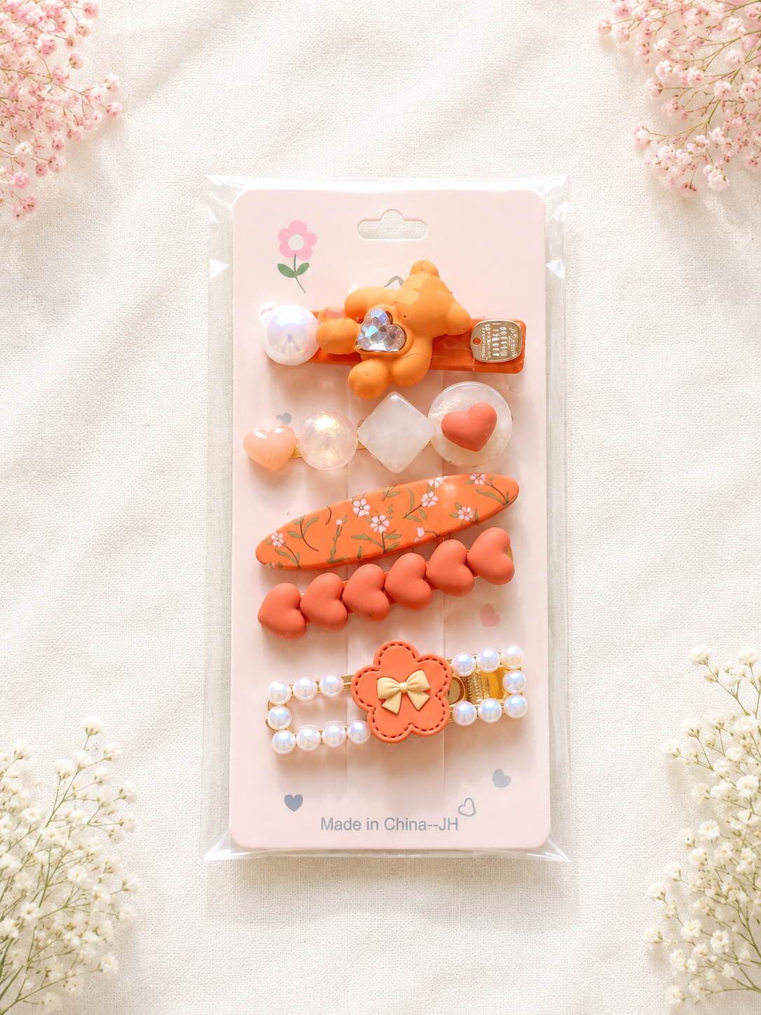 5-teiliges Haarspangen-Set für Mädchen – Süßes Herz & Bär Design