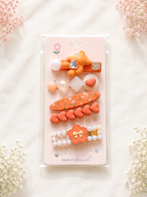5-teiliges Haarspangen-Set für Mädchen – Süßes Herz & Bär Design