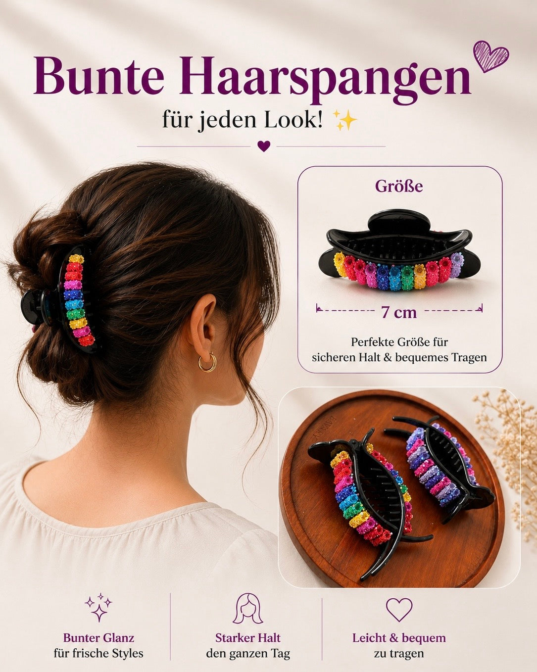 Bunte Haarspange mit Glitzer – 7 cm Haarclip für Damen-2