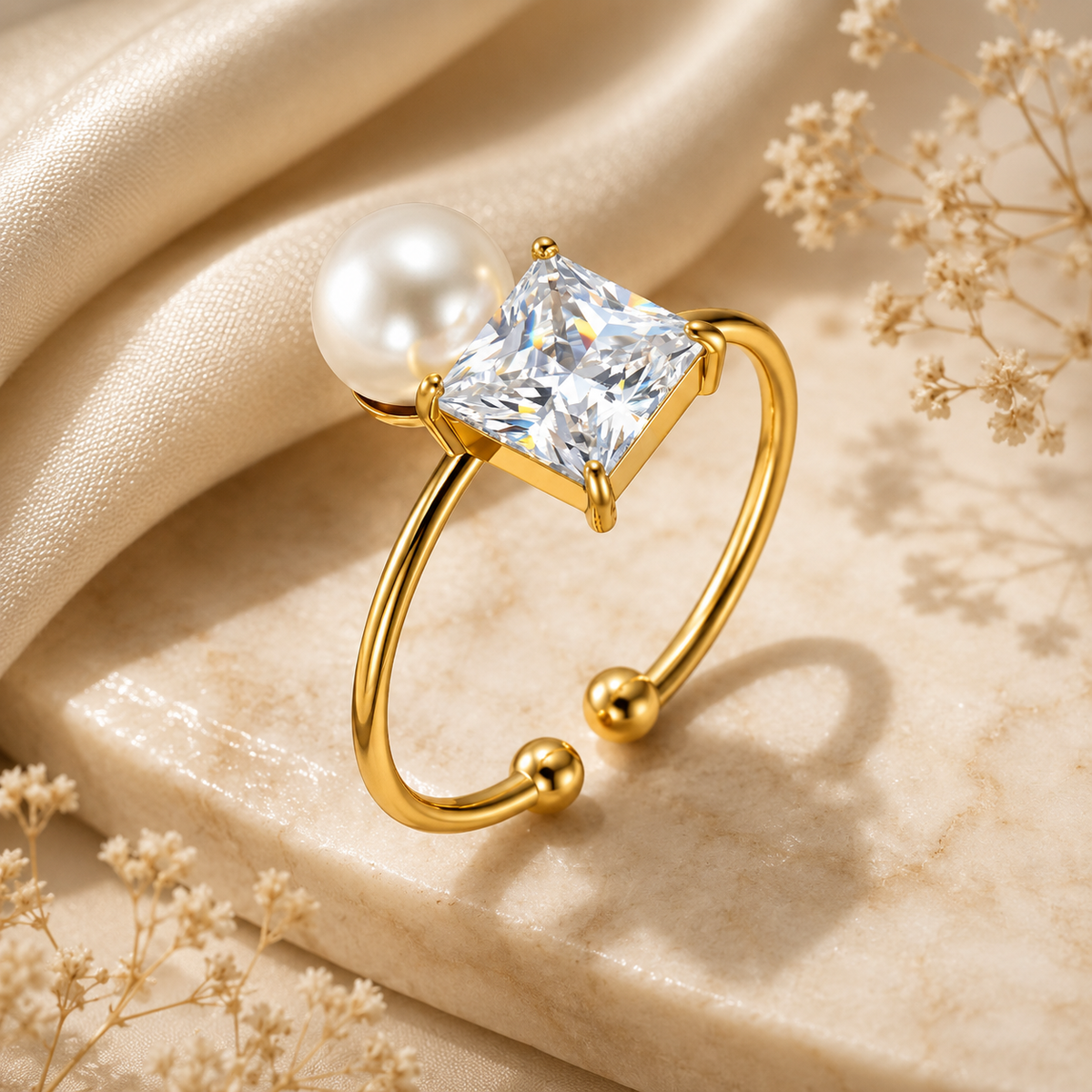 Verstellbarer Ring mit Zirkonia und Perlenoptik