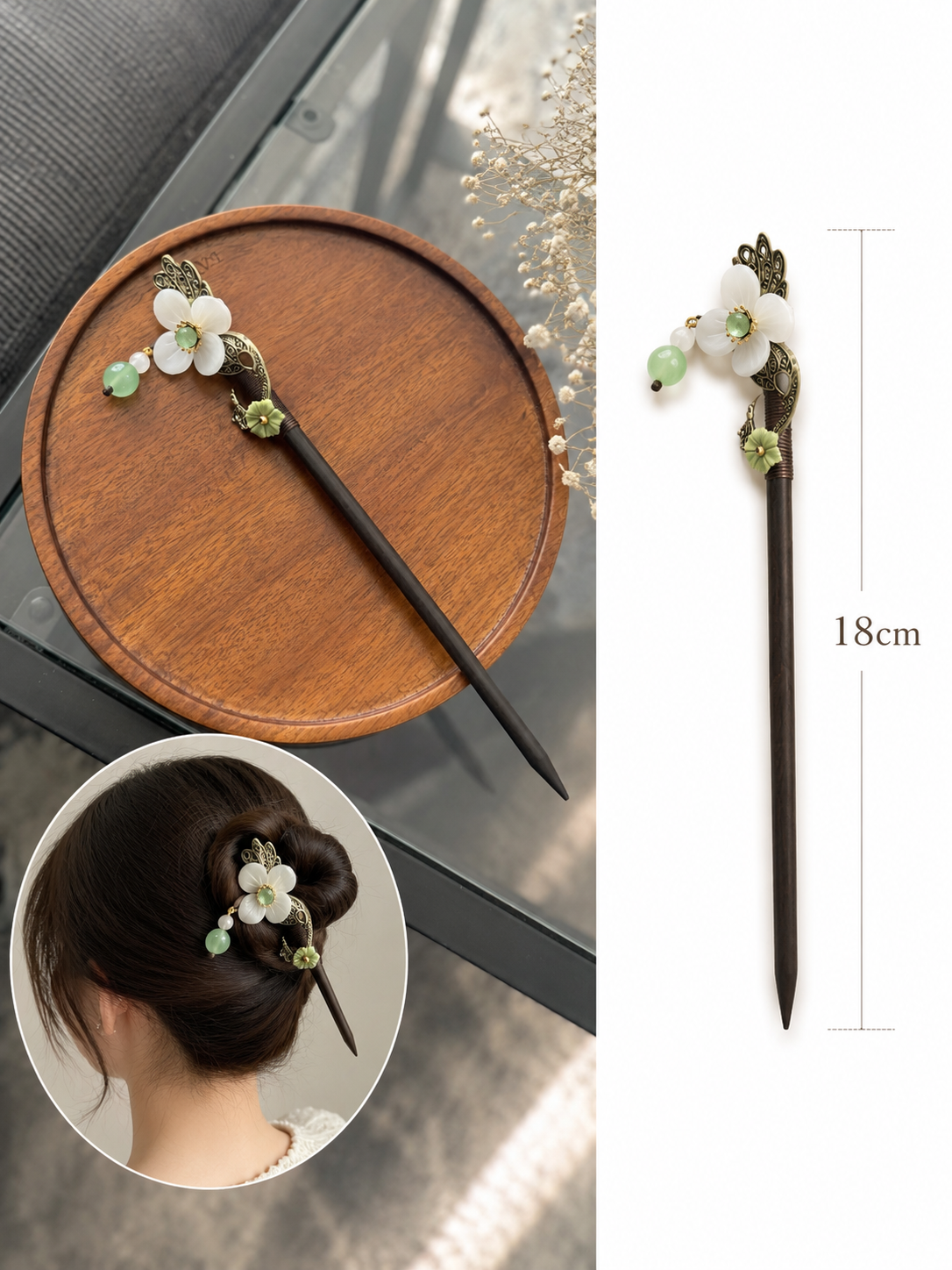 Eleganter Blumen Haarstab mit Perlen – 18 cm