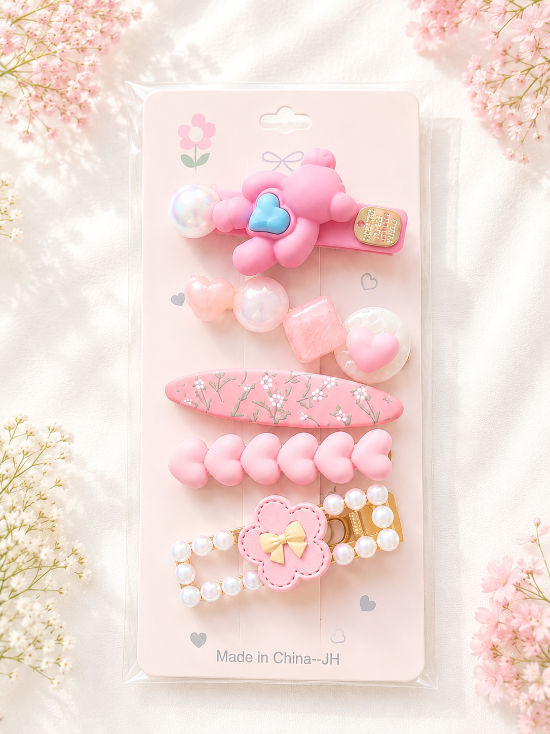 5-teiliges Haarspangen-Set für Mädchen – Süßes Herz & Bär Design