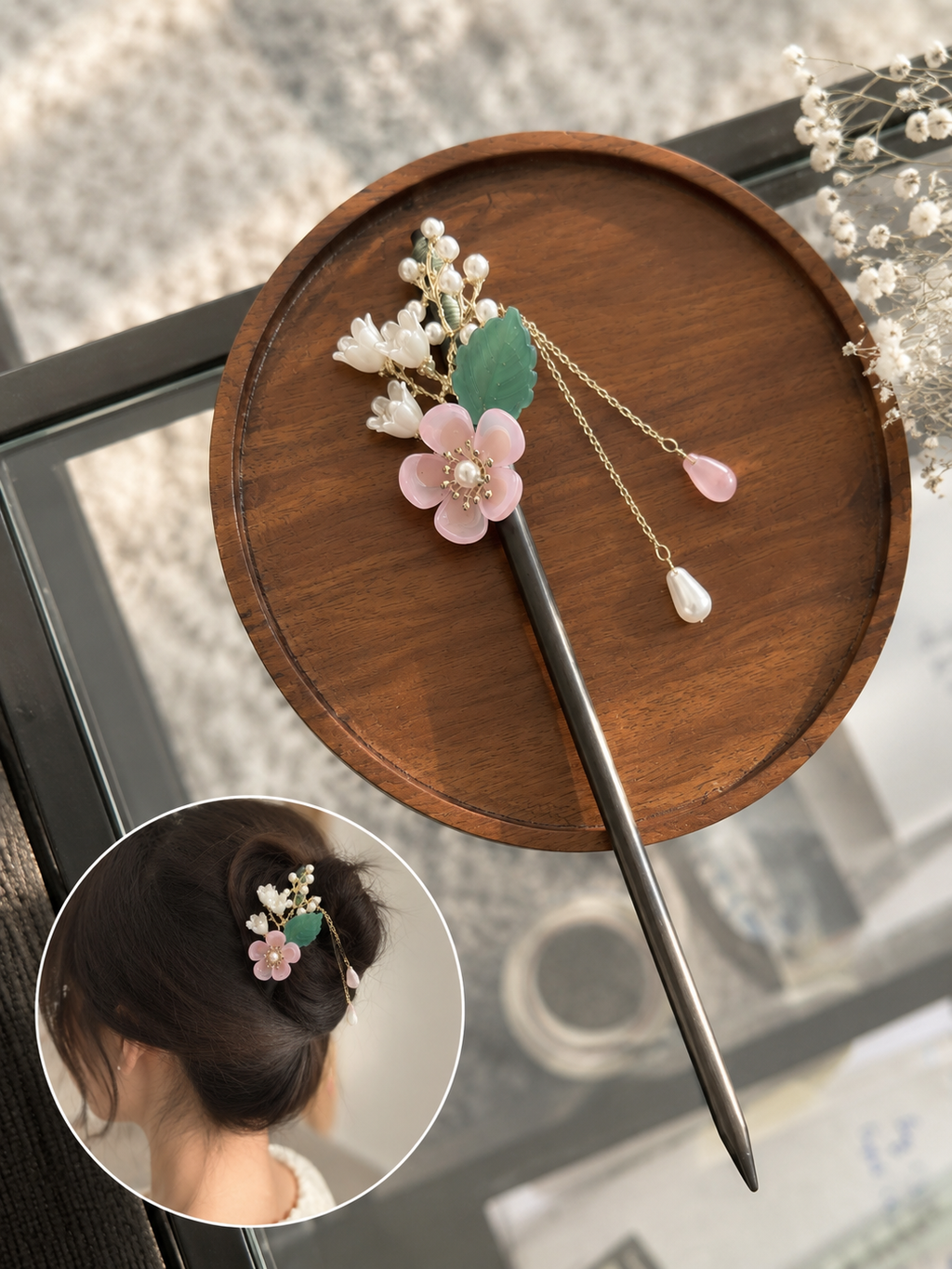 Eleganter Blumen Haarstab mit Perlen – 18 cm