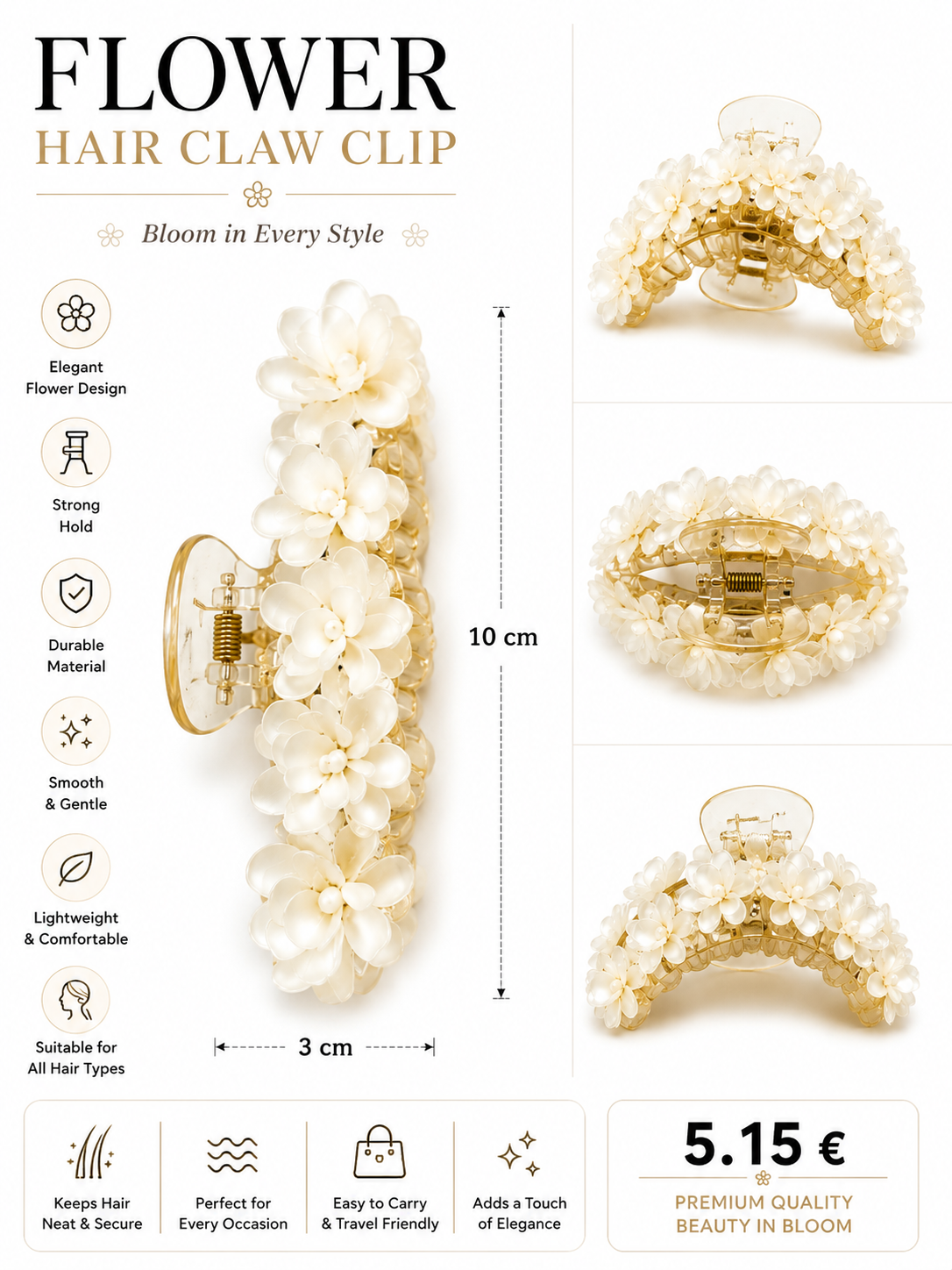 Blumen Haarspange – 10 cm Haarclip für Damen