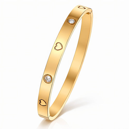 18K Gold Plated Heart Bangle Bracelet – Waterproof Stainless Steel, Hypoallergenic, Minimalist Gift for Her.